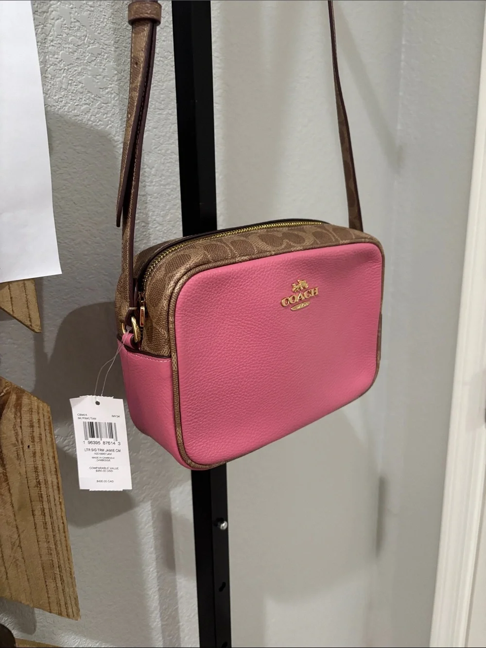 Coach Pink Pebbled Leather Crossbody Camera Bag with Gold Trim 9”wide 6”deep